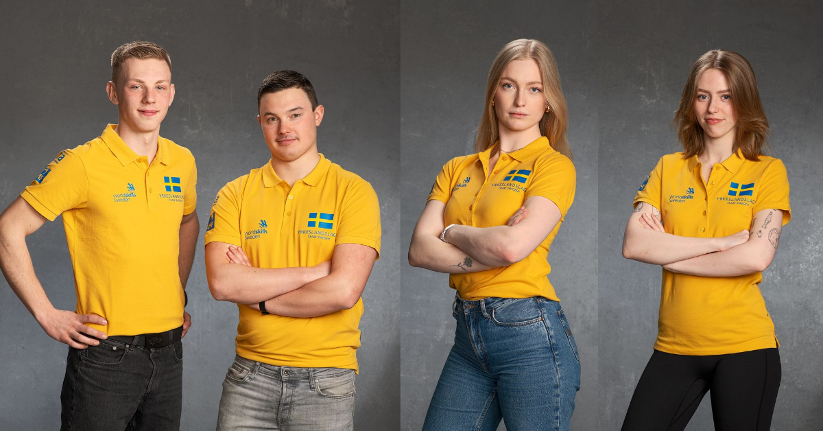 Bild på tävlande för Yrkeslandslaget som är med i intervjun. Robin Tracey och Emil Grönroos, Fanny Söderberg och Stephanie Johansson
