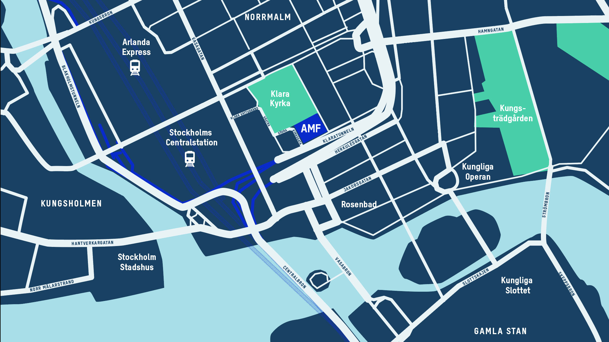 Karta över Stockholm med AMF kontor utmärkt