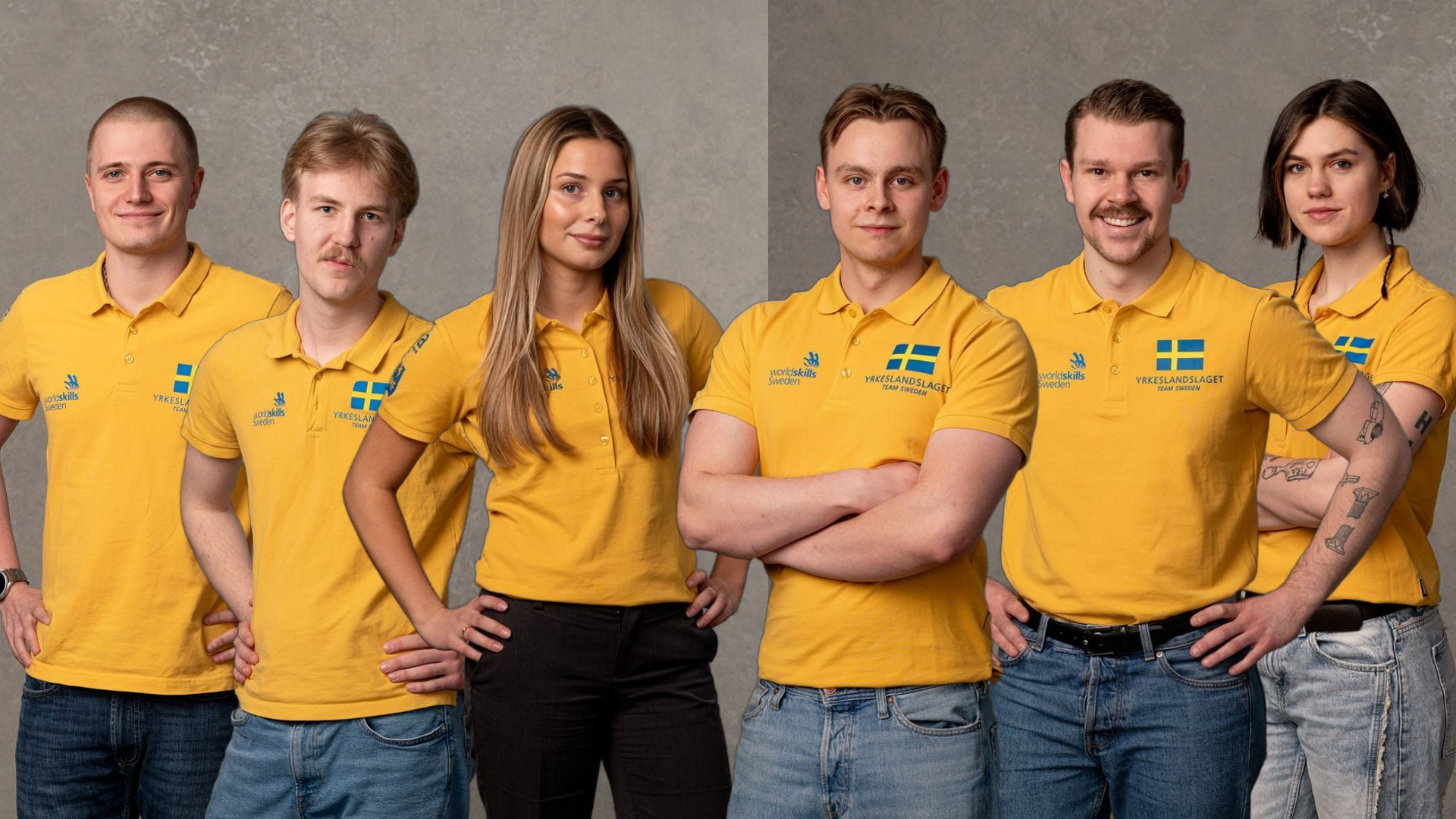 Tävlande i Yrkes-VM. Elias Nilsson, Hugo Boustedt, Evelina Isaksson, August Markne, Rasmus Engström och Ellen Rudd